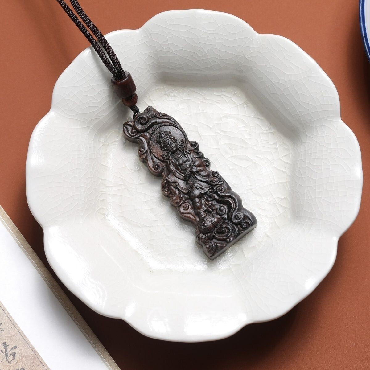 Indonesia Dala dry Agarwood Hand-carved Cloud lotus Kwan-yin Statue Pendant