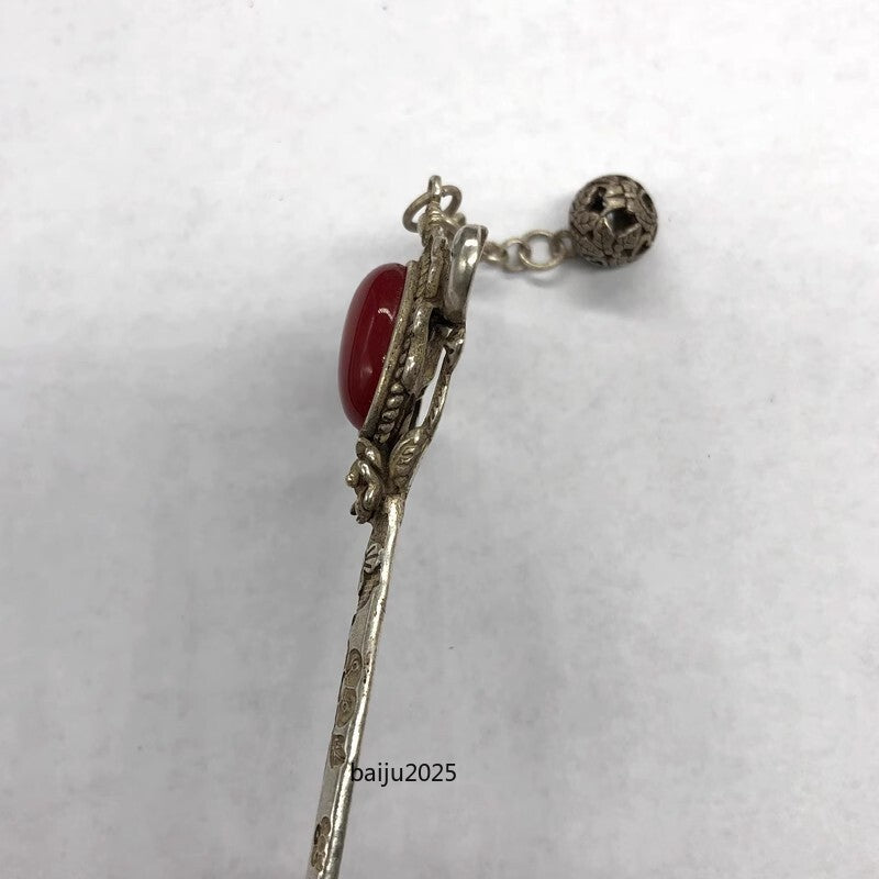 Red Jade Inlaid Old Tibetan Silver Hairpin,Chinese Old Craft Made