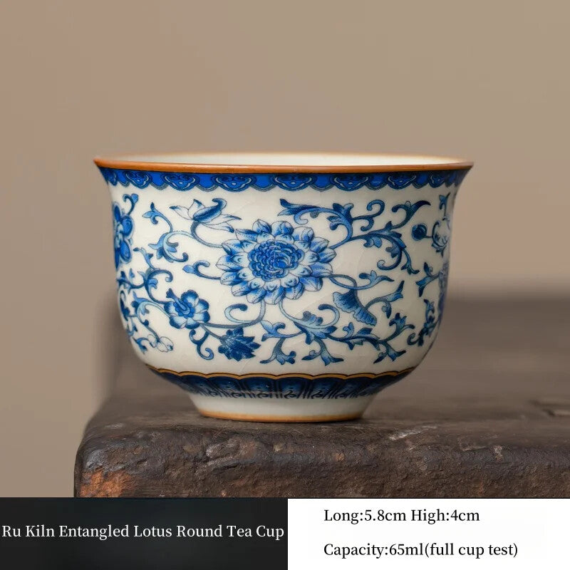 65ml Ru Kiln Blue and White Entangled Lotus Round Tea Cup Exclusive Single Cup
