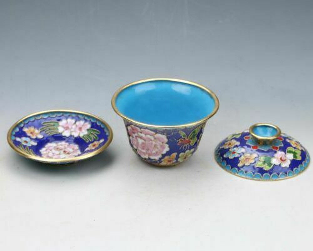 7.08" CHINESE CLOISONNE HAND-PAINTED FLOWER TEACUP BOUTIQUE COLLECT GIFT DECOR