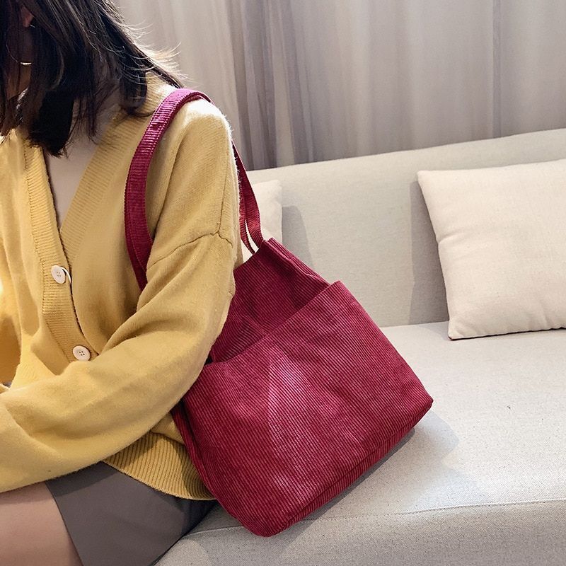 Corduroy Tote Bag Carry Shoulder Bag Retro Handbag Inner Pocket Travel Shopping