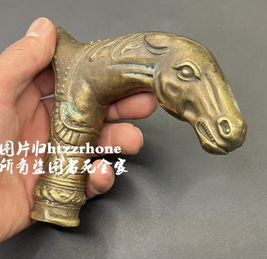 Brass Horse Head Statue Walking Stick Cane Handle Top Topper Hand Grip Collect