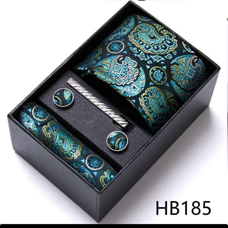 Men Neckties 5Pcs Business Ties Hanky Cufflink Set Clips Corbatas Gift Box 7.5cm