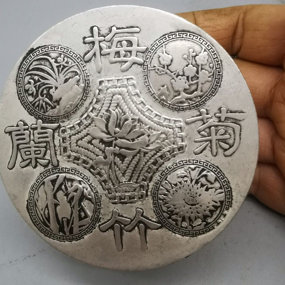 Silver Plated Four Gentlemen Ink Box Ink Holder Calligraphy Seal Mud Box