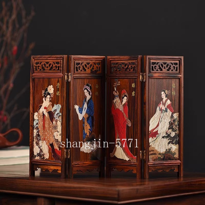 Rosewood Chinese Four Beauty Folding Screen Lacquer Miniature Furniture Panel