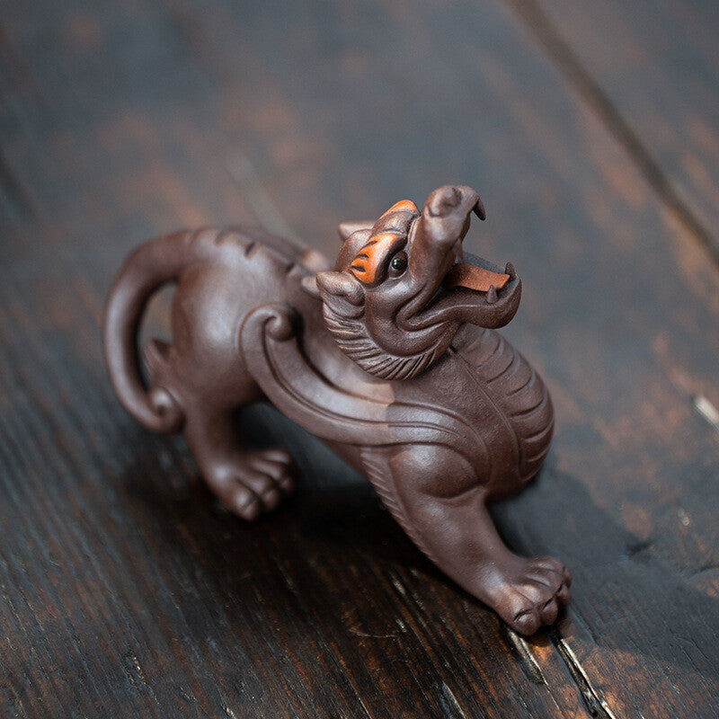 3.6" China Yixing Zisha Pottery Purple Clay Animal Wealth Pixiu Tea Pet Boy Gift