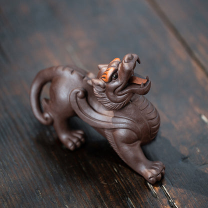 3.6" China Yixing Zisha Pottery Purple Clay Animal Wealth Pixiu Tea Pet Boy Gift