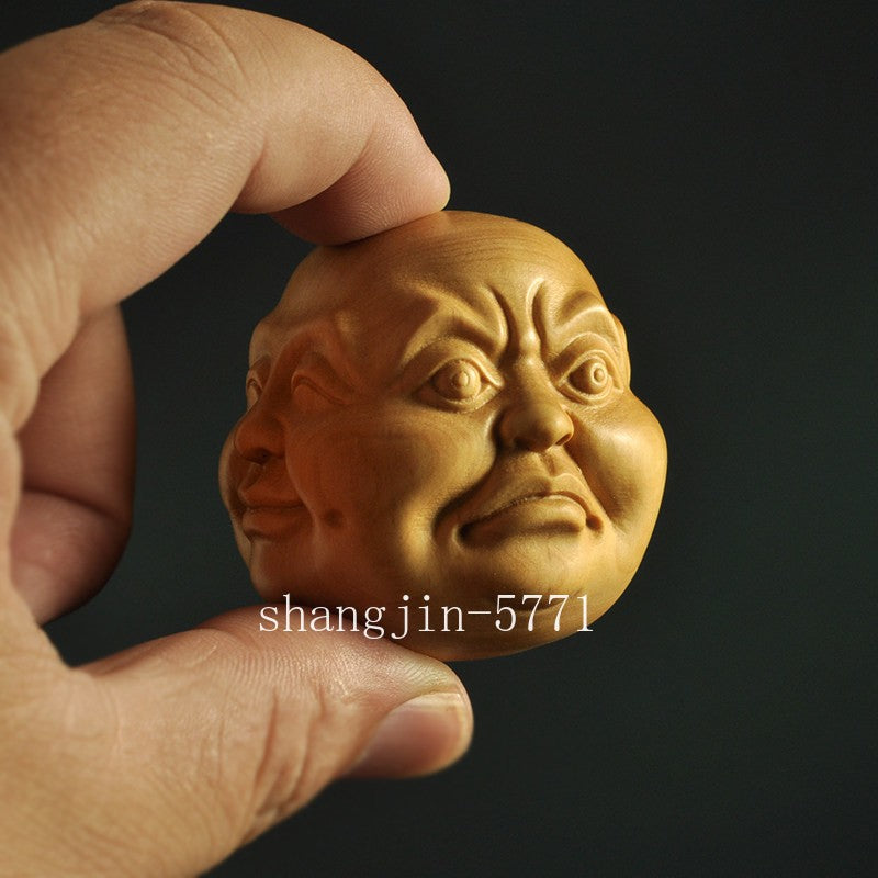 Boxwood Carved 4 Faced Emotions Buddha Head Statue Figurine Collection