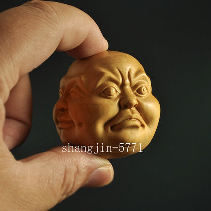 Boxwood Carved 4 Faced Emotions Buddha Head Statue Figurine Collection