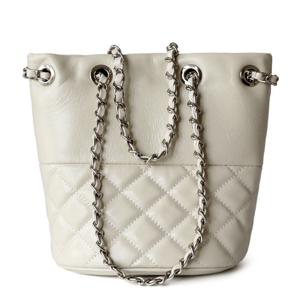 Small Mini Quilted Real Leather Bucket Tote Shoulder Bag Purse Clutch w/ Chain