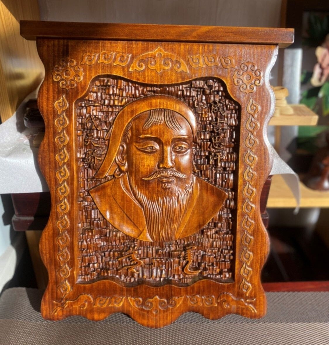 Wood Carved Genghis Khan Statue Wall Hanging Collection