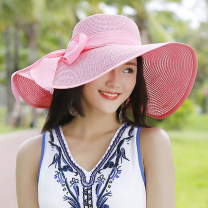 Outdoor Seaside Woman Fashion Big Bow Large Brimmed Cap Foldable Straw Hat