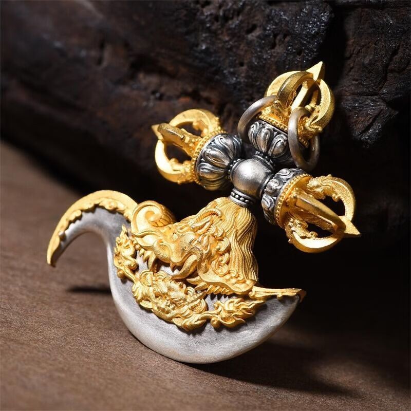 Tibetan Vajra Axe Pendant Copper Silver Plated Handmade Vajra Pestle Amulet