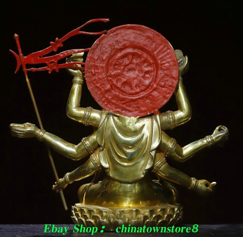 10.6'' Old Nepal Pure Bronze Gilt Painting 3 Head 8 Arm Namgyalma Buddha Statue