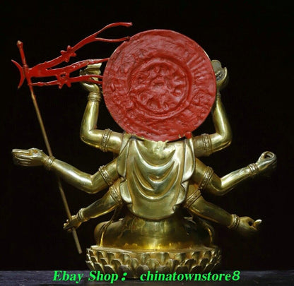 10.6'' Old Nepal Pure Bronze Gilt Painting 3 Head 8 Arm Namgyalma Buddha Statue