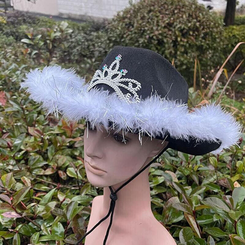 Cowgirl Hat Feather Vintage Brim Crown Western Concert Party Women's Cowboy Hat