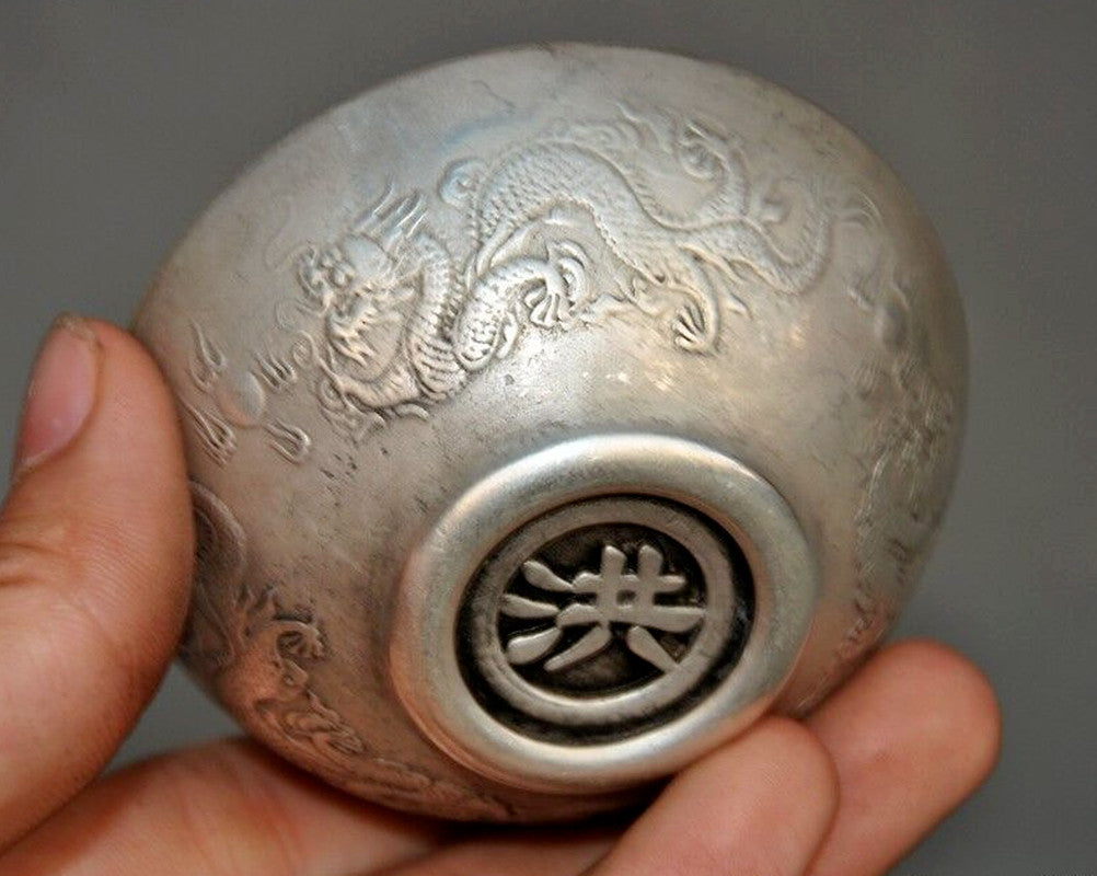 2.8" Chinese Tibetan Silver Dragons Dragon Loong Statue Tea Cup Bowl Collect New