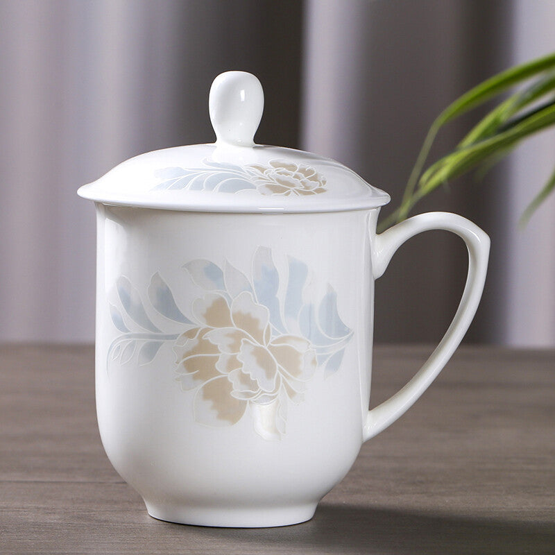 Jingdezhen Blue and White Bone Porcelain Cup Ceramic Tea Cup with Handle Lid