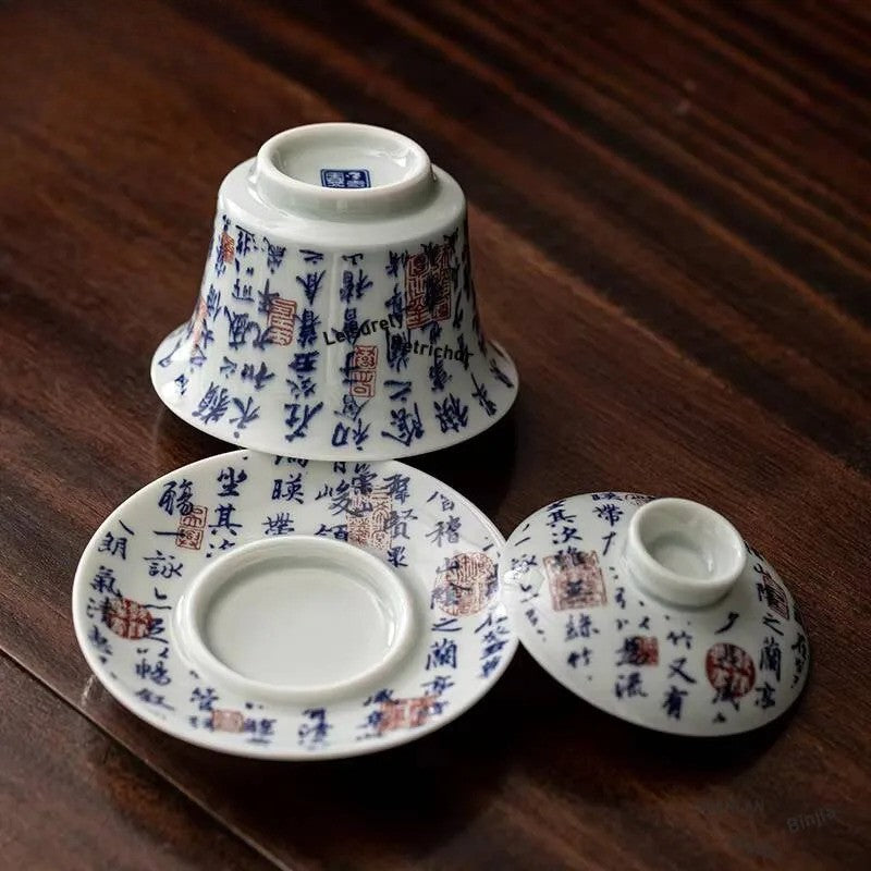 200ml Ceramic Blue and White Gaiwan Handwritten Poetry Prose Tea Tureen Teaware