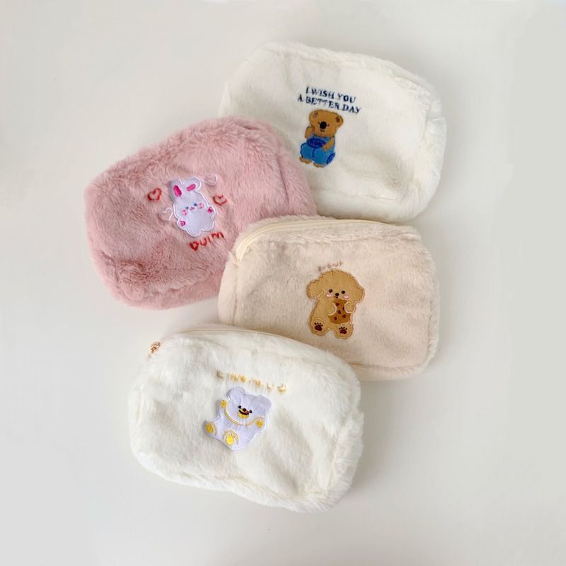 Embroidery Bear Plush Cosmetic Bag Makeup Organizer Toiletries Storage Pouch 1PC