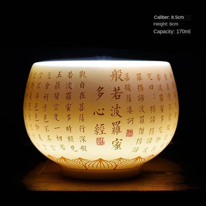 170ml Chinese Heart Sutra Baifu Master Cup White Jade Porcelain Kung Fu Teaset