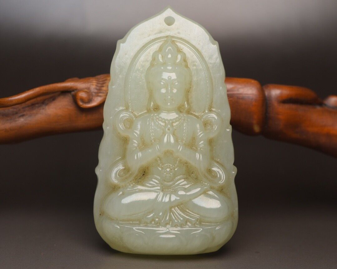 Top Chinese Natural Hetian Jade Carved Guanyin Statue Exquisite Pendant Jewelry