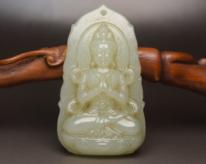 Top Chinese Natural Hetian Jade Carved Guanyin Statue Exquisite Pendant Jewelry