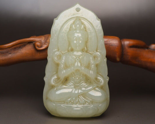 Top Chinese Natural Hetian Jade Carved Guanyin Statue Exquisite Pendant Jewelry