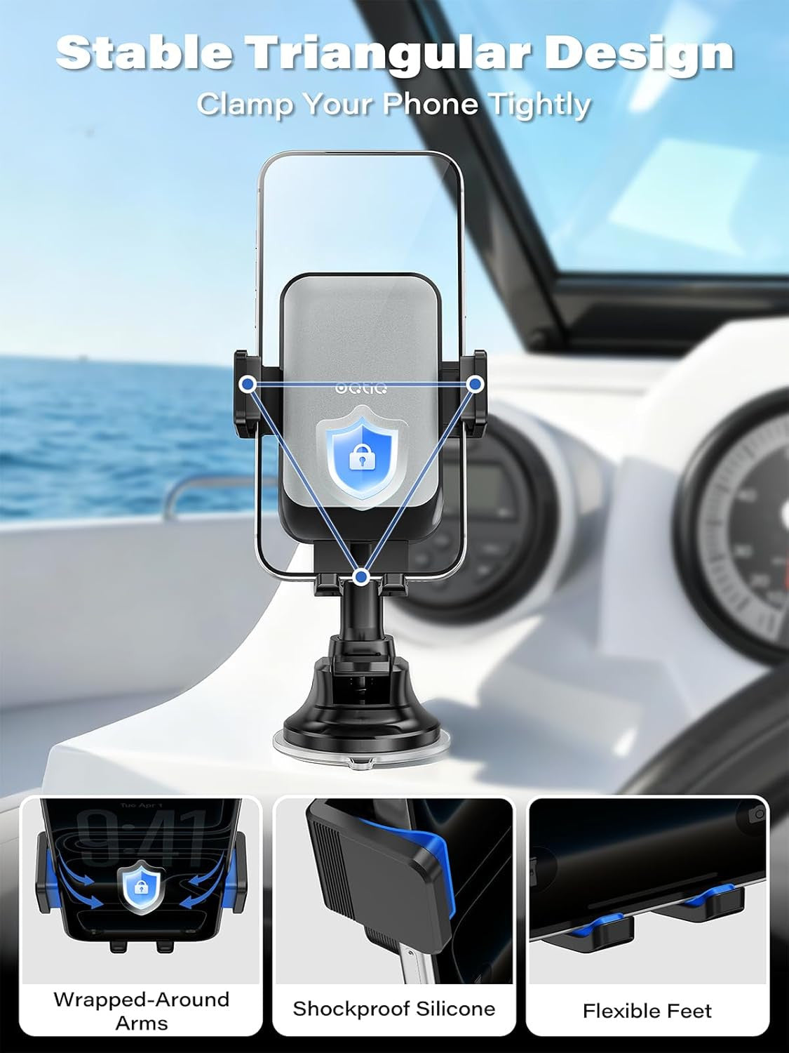 Boat Phone Holder Suction Cup Mount – Waterproof Marine Dashboard Cell Phone Hol