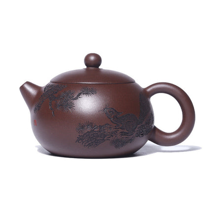 Traditional Craft Real Yixing Zisha Purple Clay Tea Pot Handmade Squirrel Carved