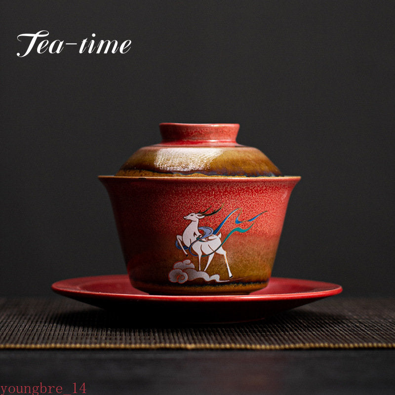 Retro Radiance Ceramic Gaiwan Chinese Tea Set Sancai Tea Bowl Portable