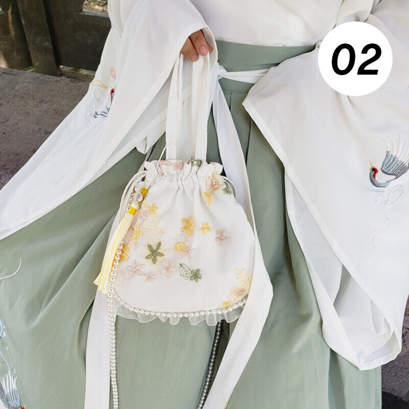 Pearl Floral Hanfu Bag Ancient Purse Embroidery Ruffle Drawstring Handbag Wallet