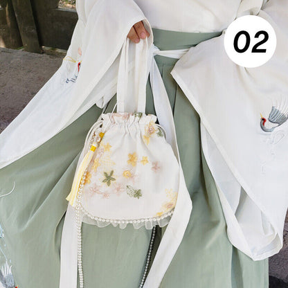 Pearl Floral Hanfu Bag Ancient Purse Embroidery Ruffle Drawstring Handbag Wallet