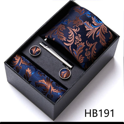 Men Neckties 5Pcs Business Ties Hanky Cufflink Set Clips Corbatas Gift Box 7.5cm
