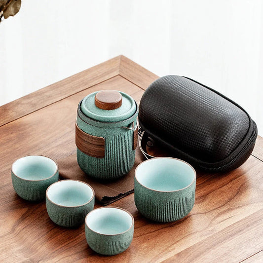Ceramic Teapot with 4 Cups Green Travel Tea Set