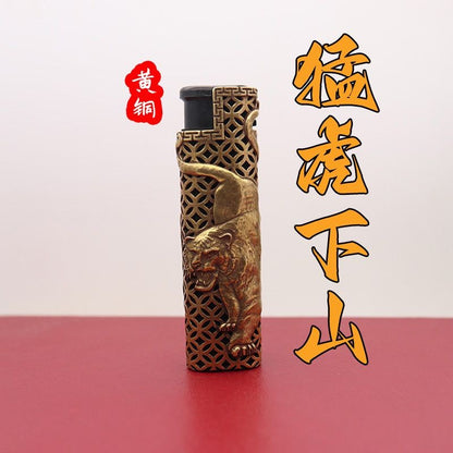 Vintage Brass Tiger Lighter Case Hollow Out Cover for 2*8cm Lighter