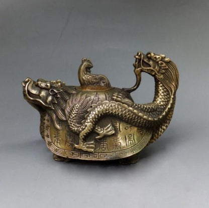 Rare Oriental copper Signed carved Dragon Teapot Statues