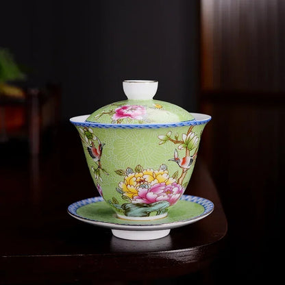 1PC Jingdezhen Gaiwan Enamel Color Tea Bowl Hand painted flower bird Teaset