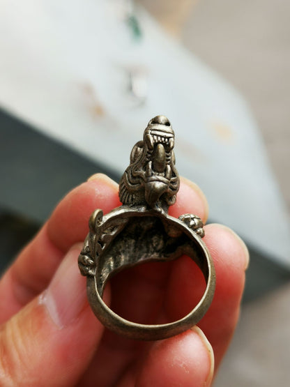 Old Chinese Tibetan Silver Handmade Tiger head Ring Men's Ring