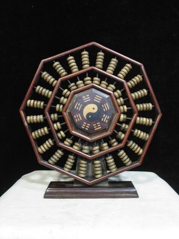 23cm Old Chinese hongtan Wood Tai Ji Ba Gua Counting Frame Lucky Abacus statue