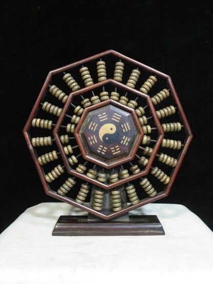 23cm Old Chinese hongtan Wood Tai Ji Ba Gua Counting Frame Lucky Abacus statue