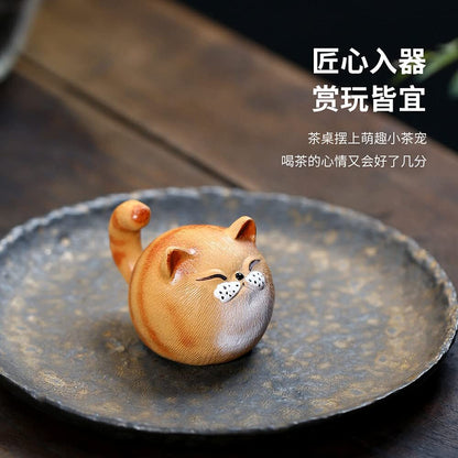 4.8cm Yixing Purple Clay Cat Tea Pet Kung Fu Tea Decor Tea Tray