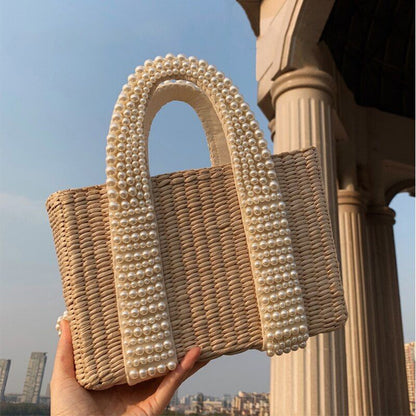 Pearl Straw Bag Fashionable Shoulder Bag Seaside Vacation Handbag Polyester 1 PC