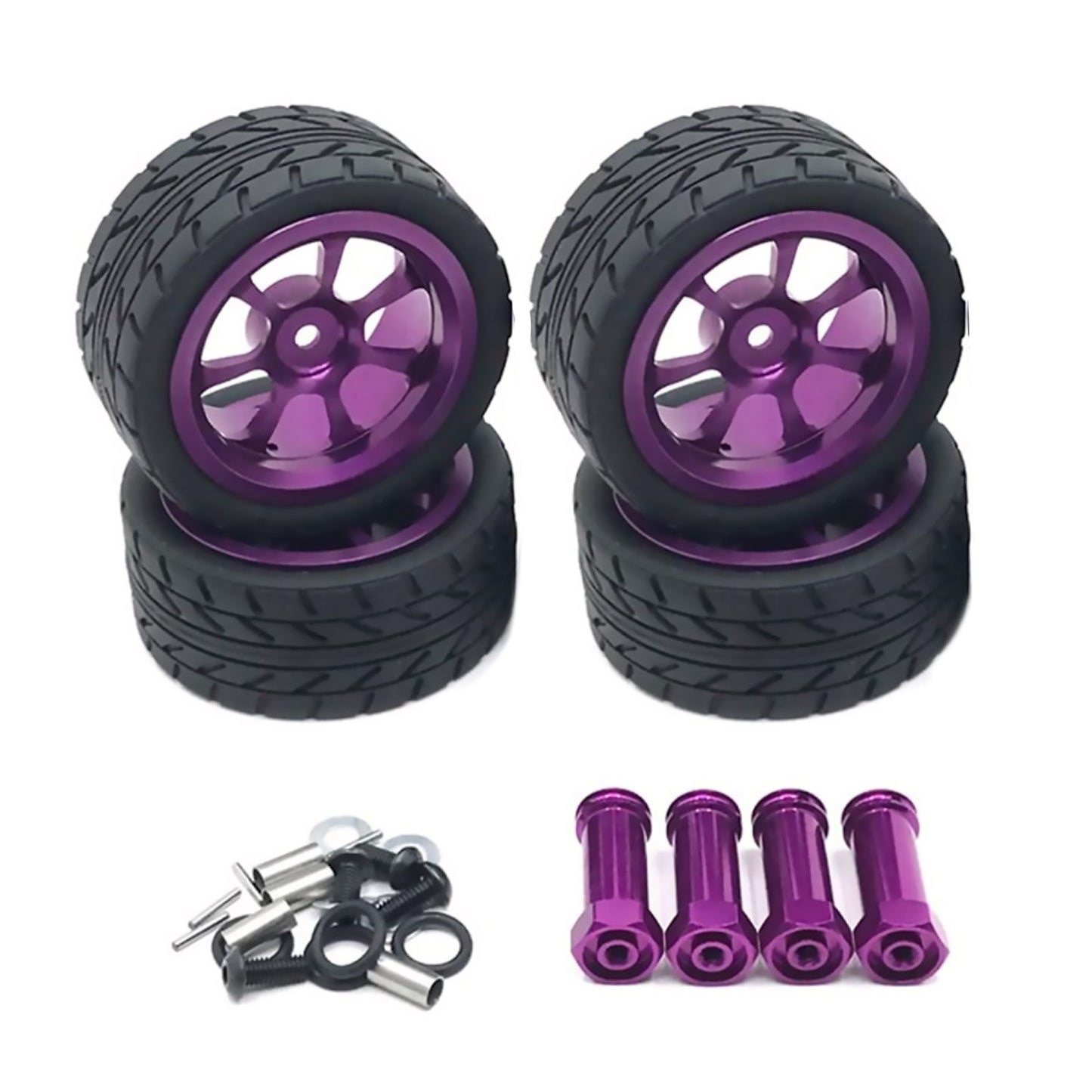 4PCS Purple Wheels Rim Hubs + Rubber Tires 1/14 RC Car For Wltoys 144001 fdd