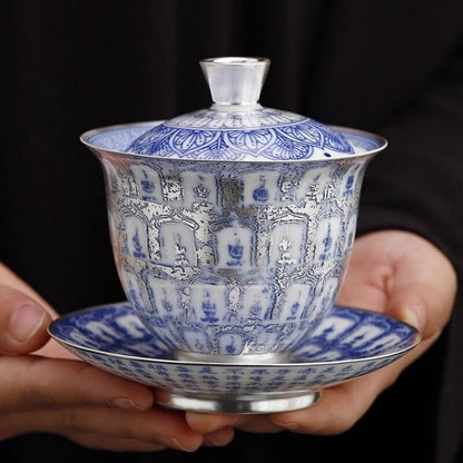 Ceramic + Pure Silver Tea Pot Gaiwan Master Cup Porcelain Buddha Tea Cup Tureen