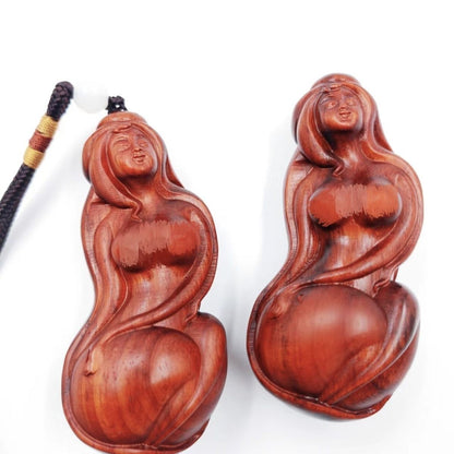 Red Sandalwood Beauty Handheld Carving 7.8cm Natural Wood Pendant