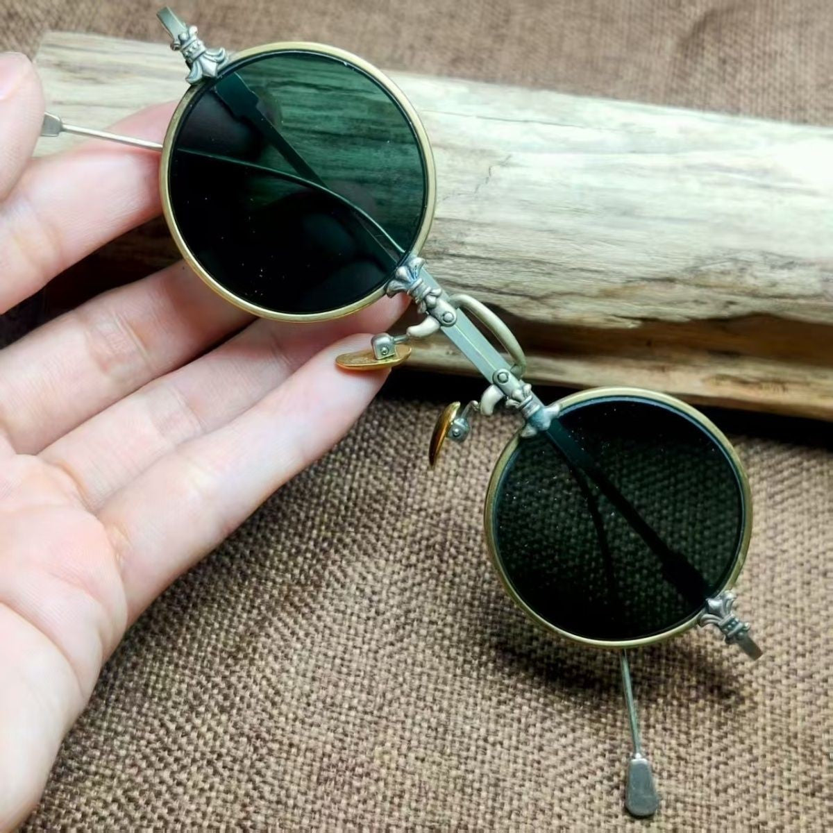Antique Vintage Copper Frame Crystal Stone Round Eyeglasses Brown Sunglasses