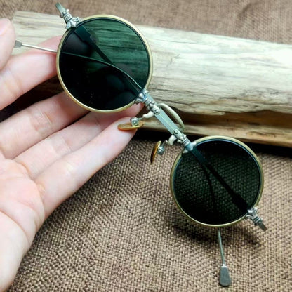 Antique Vintage Copper Frame Crystal Stone Round Eyeglasses Brown Sunglasses