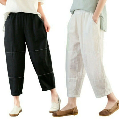Women Comfort Loose Fit Baggy Flax Linen Harem Pants Leisure Pockets Trousers @