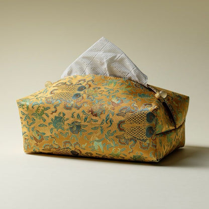 Golden Bamboo Brocade Tissue Box Cover Fish Pattern Tea Room Decor